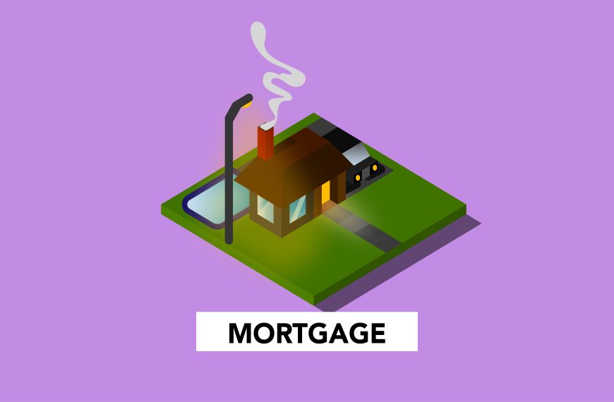 Cardboard illustration of building with swimming pool and lawn above Mortgage inscription on violet background
