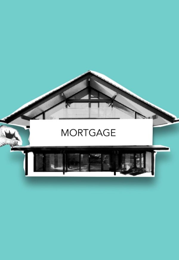 Cutout paper composition with modern residential house bought with mortgage on green background